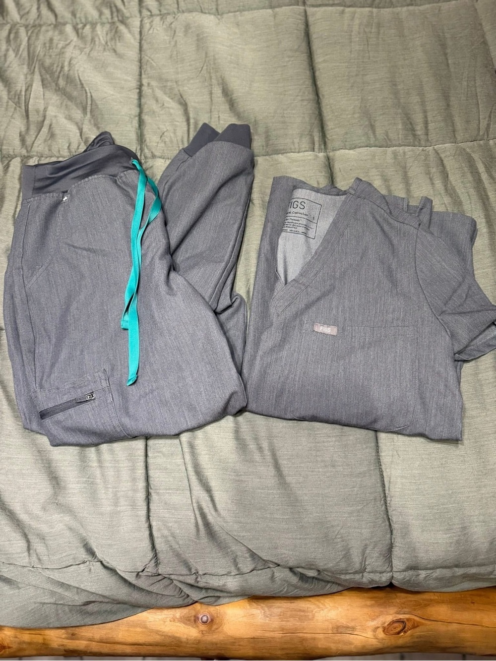 Figs Heather Gray Scrub Set with Teal Drawstring Accent